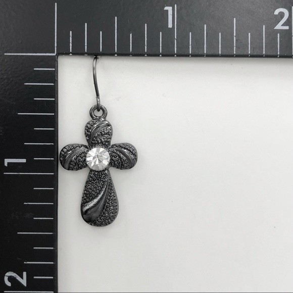 🍀Dark Gun Metal Grey Black Christian Cross Rhinestone Dangle Earrings - Picture 2 of 2